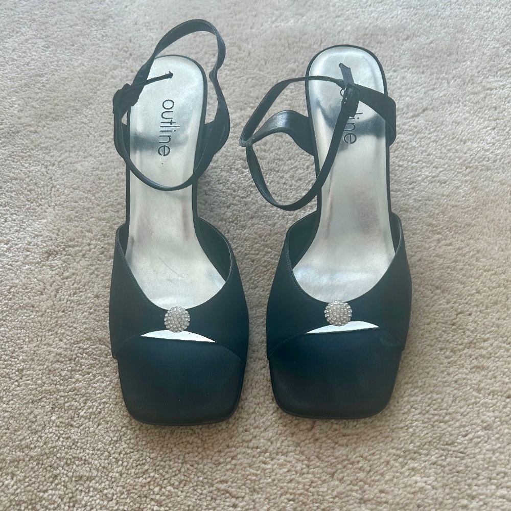 Outline Satin Black Sandals with Gemstone Detail and Ankle Strap in Size 10